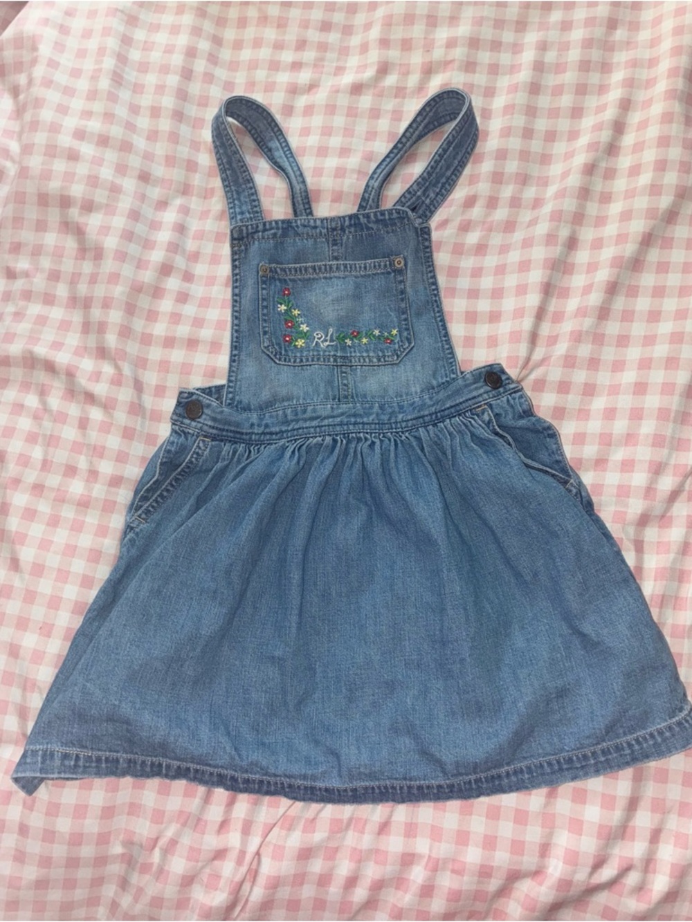 Ralph Lauren Denim Overall Skirt in Light Blue with Embroidered Flowers